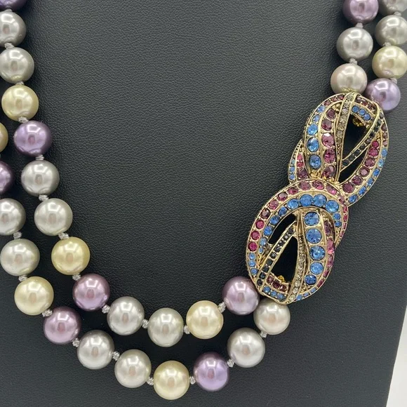 RARE Heidi Daus NWOT Crystal Pearl Peace Sign Necklace & Earring Set | Vintage - Picture 3 of 10